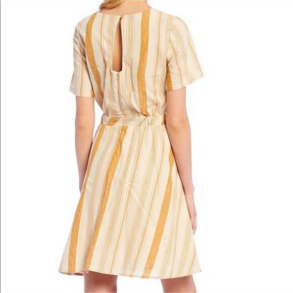 New Anthropologie A Loves A Linen Blend Striped Gold Cream Fit & Flare Dress XS - Picture 2 of 10